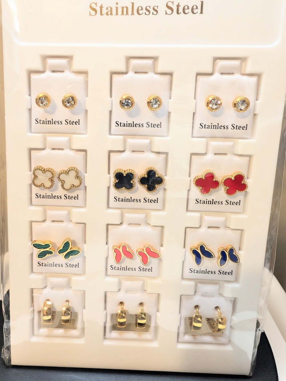 12 Pairs Stainless Steel Earrings Set| Studs, Clover, Butterfly & Hoop| New